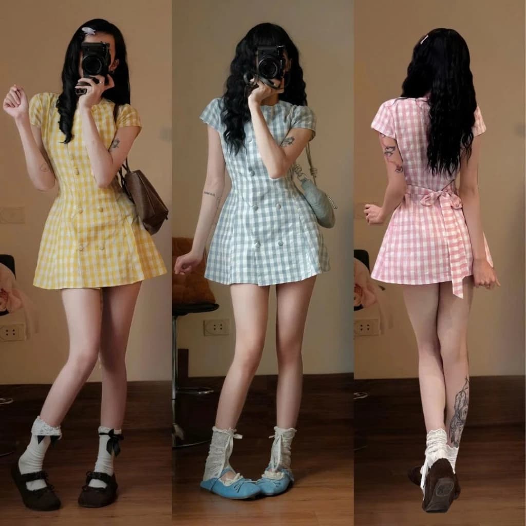 (Tặng Kèm quần bảo hộ) Váy Kẻ Caro Nữ Cúc Bọc Dáng Suông Tay Ngắn Form Rộng 247Store Set7388 P0