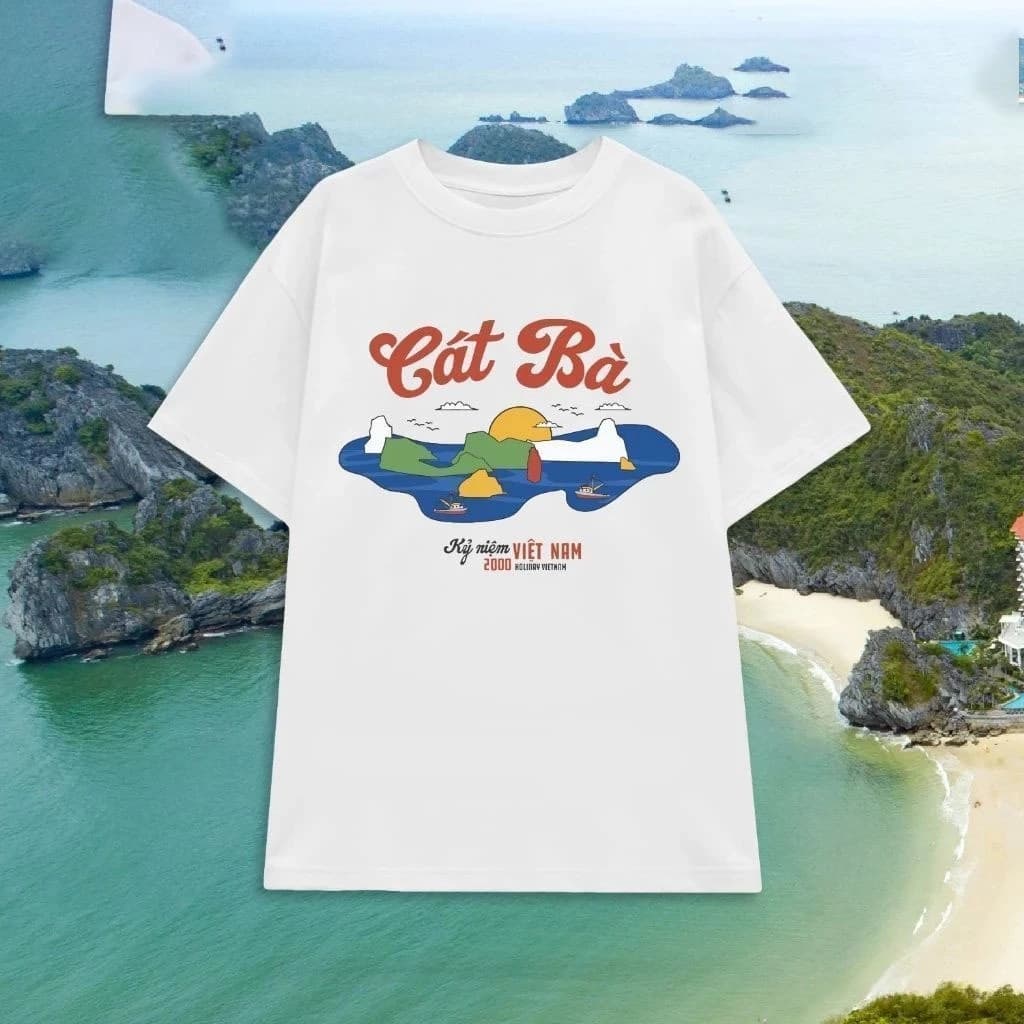 Áo Thun Cát Bà Du Lịch Cotton Tay Lỡ Unisex, Áo Phông Việt Nam Nam Nữ, Mùa Hè,Form Rộng Oversize