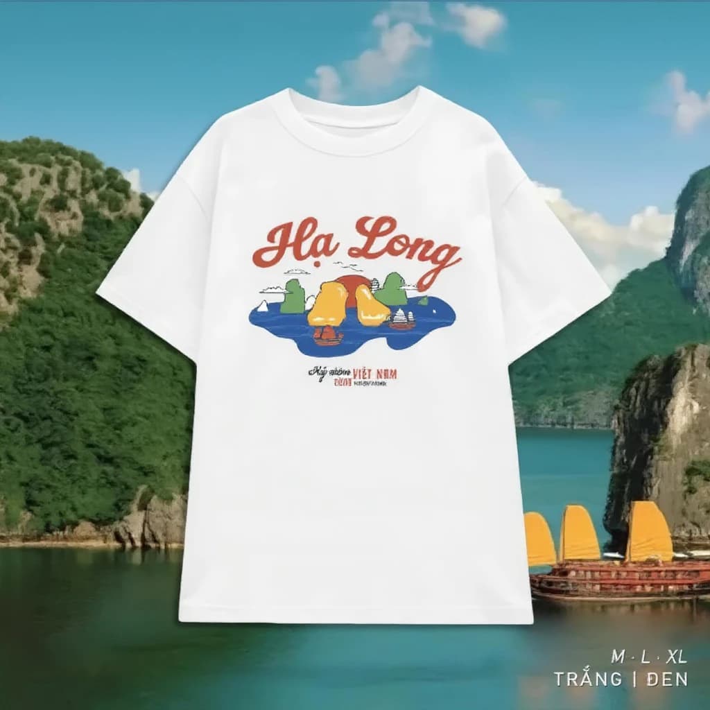 Áo Thun Hạ Long Du Lịch Cotton Tay Lỡ Unisex, Áo Phông Việt Nam Nam Nữ, Mùa Hè,Form Rộng Oversize