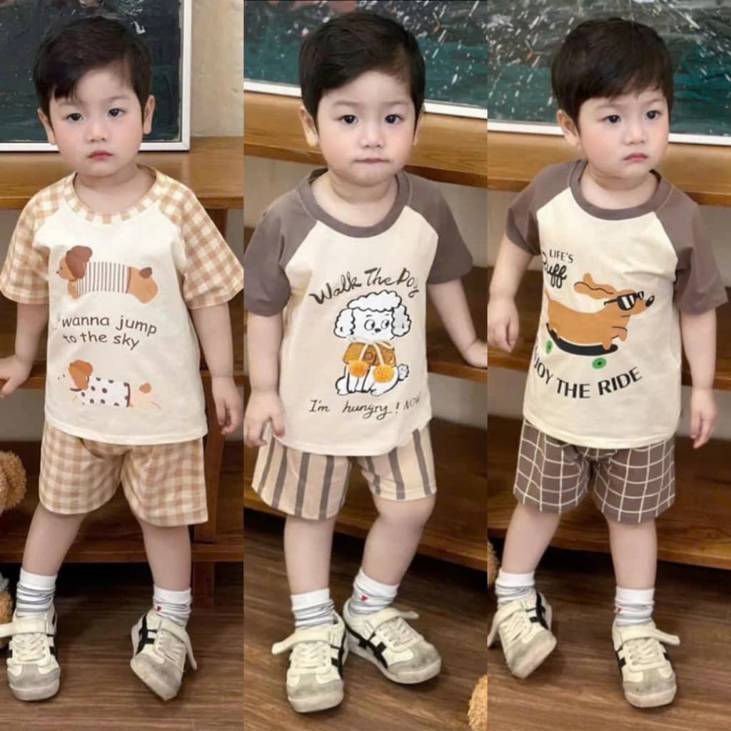 Bộ Cộc Tay Cho Bé Trai Họa Tiết Cún Hoạt Hình Dễ Thương Size 8-20kg QC 6