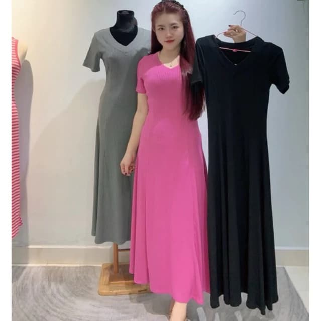 Đầm Cổ Tim Dáng Dài Xoè chất vải thun đũa lạnh mặc lên xinh xắn, che dáng cực đỉnh