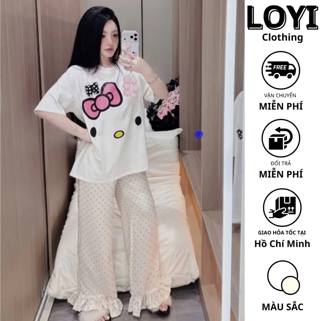 [Hỏa Tốc] Bộ Đồ Nữ Mặc Ở Nhà Quần Dài Ống Rộng Áo Thun In Hình Dễ ThươngThoải Mái, Set Đồ Bộ Xinh Xắn