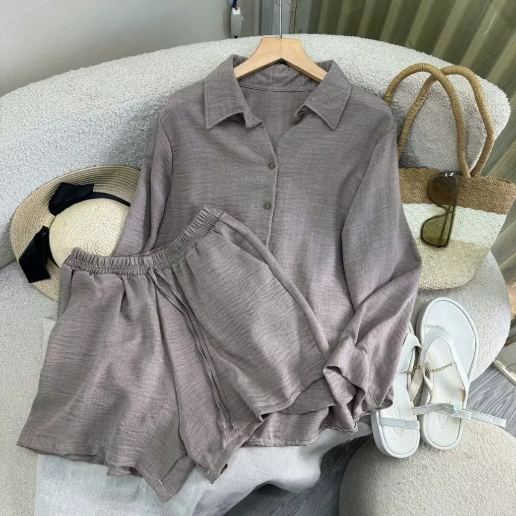 Đồ bộ Bigsize nữ sơ mi dài tay form rộng phối quần đùi lưng chun co giãn chất đũi mát lạnh, không nhăn 55-92kg- SET861