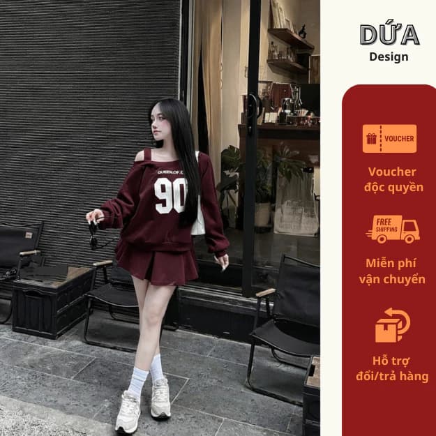 B170 SET 90 DA LỘN KTRANG Set Bộ Đồ Nữ Mùa Thu Sang Chảnh Cá Tính Áo Bệt Vai Kiểu Nữ Mix Chân Váy 2size 40-65kg