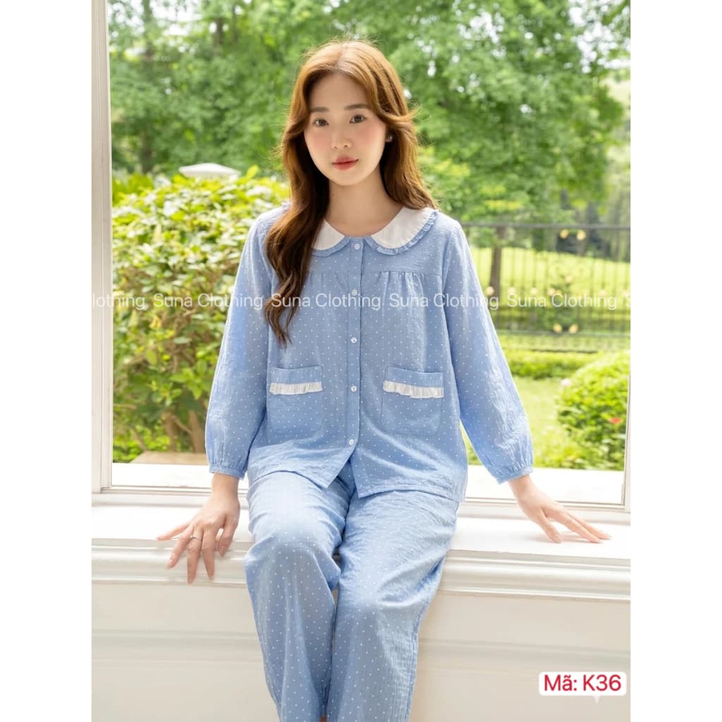 K36-Bộ Pijama Nữ - Đồ Bộ Mặc Ở Nhà Nữ SUNA Cổ Phối, Tay Lỡ,Quần Dài, Chất Đũi Hàn, Thoải Mái Dễ Chịu