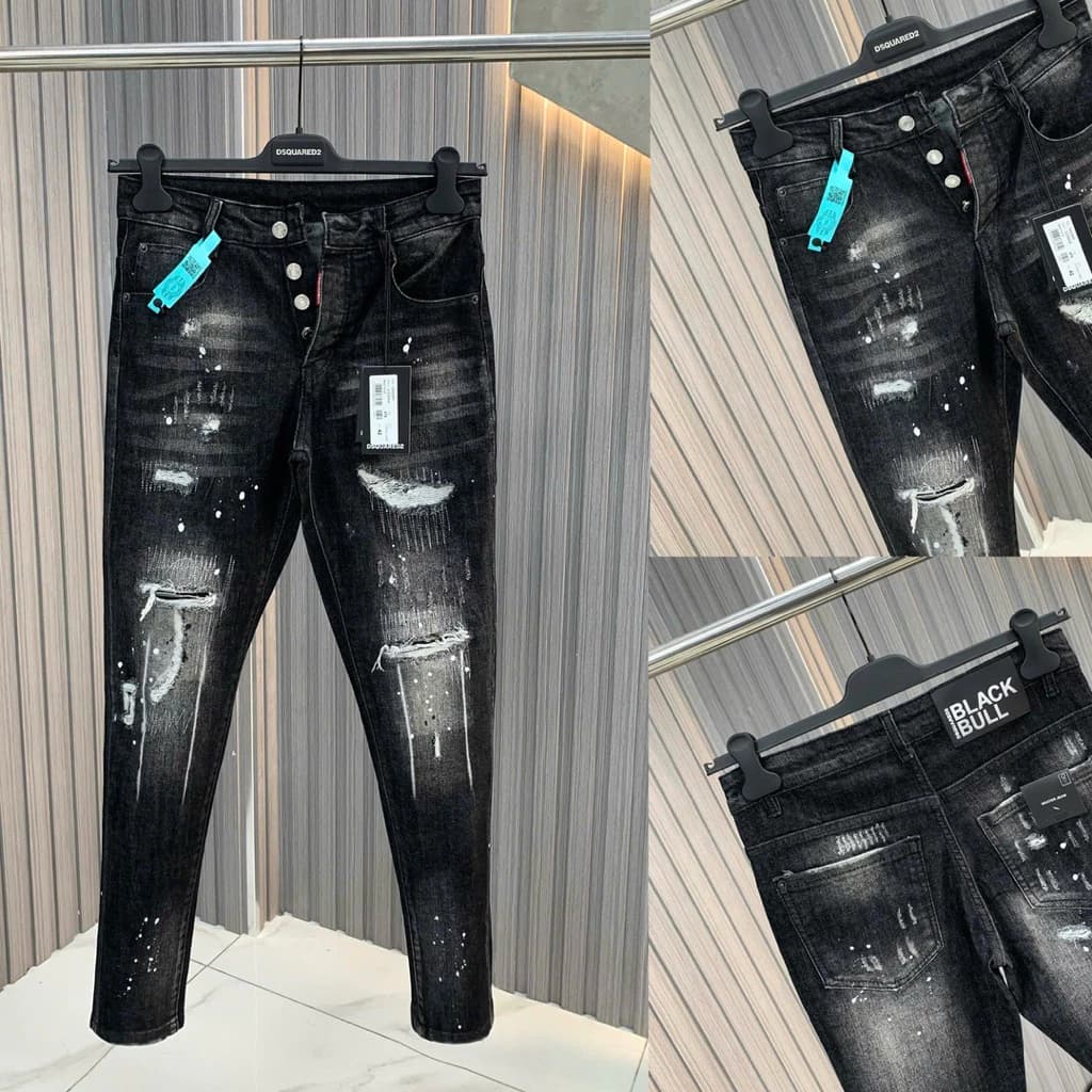 Quần jean bò nam PB slimfit wash đen bạc rách xước trần chỉ vảy sơn loang hai mặt 4 cúc boy phố Phi - boutique