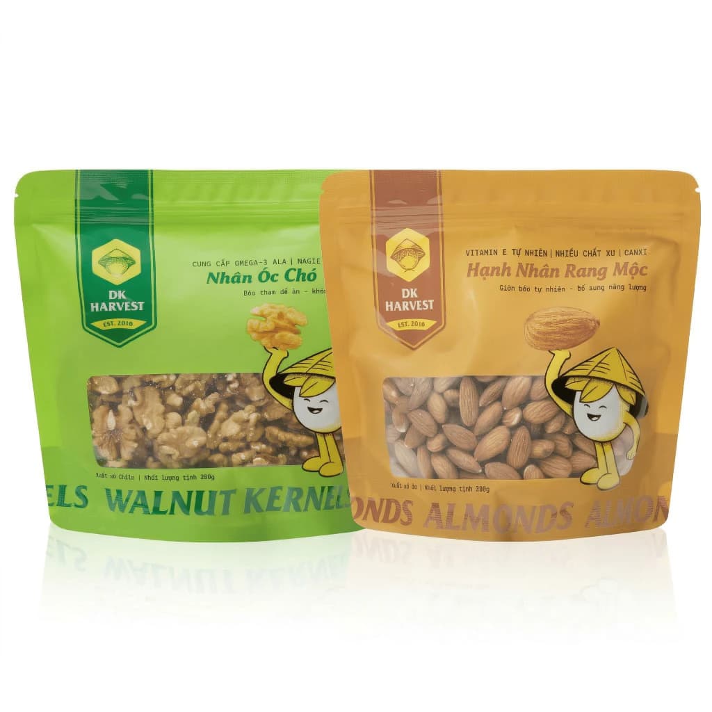 Hạt dinh dưỡng cho bà bầu, Combo 350g óc chó + 350g hạnh nhân DK HARVEST, đồ ăn vặt cho bà bầu đói đêm, hạt mới thơm bùi