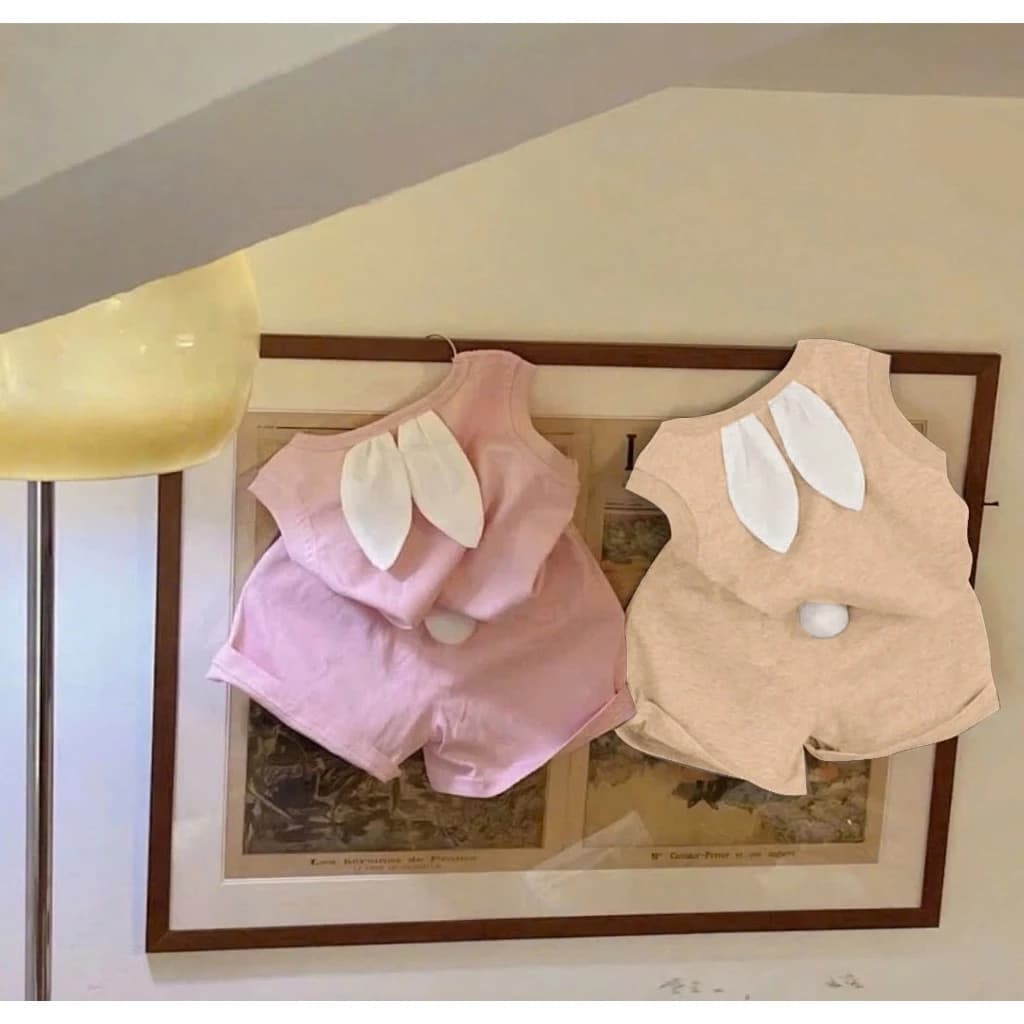 Bộ quần áo Thỏ bông tai trắng, bông đính dễ thương bé gái 8-18kg