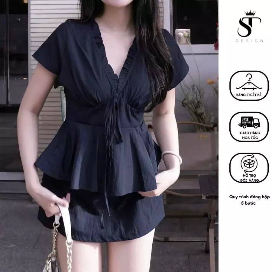 Set áo kiểu cổ tim phối ren nhún bèo + chân váy dáng A chất thô cotton - ST Design - 61