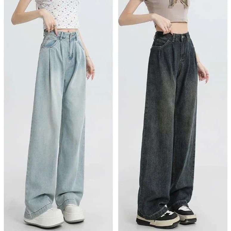 Quần jeans nữ ống rộng dáng suông cạp cao xếp ly, quần jeans baggy phong cách retro Hàn Quốc ED08