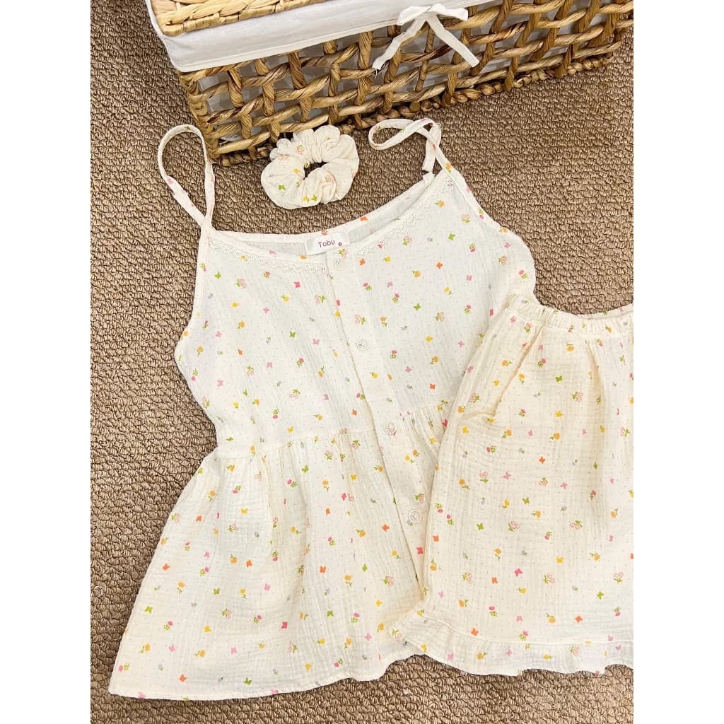 Bộ Đồ Ngủ Áo 2 Dây Quần Đùi Chất Liệu Xô Muslin Mềm Mịn, Thoáng Mát, Hoạ Tiết Dễ Thương