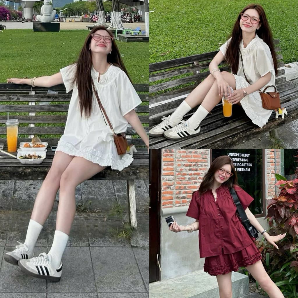 (ẢNH OLDSCHOOL) Set áo babydoll nhún kèm chân váy tầng bèo BABI SET