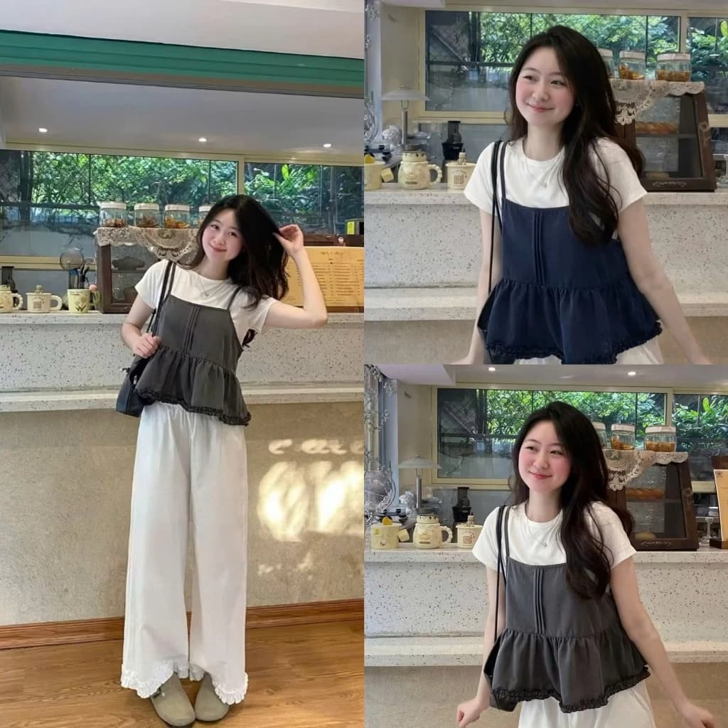 Set áo dây babydoll kiểu viền bèo kèm áo trắng mặc bên trong