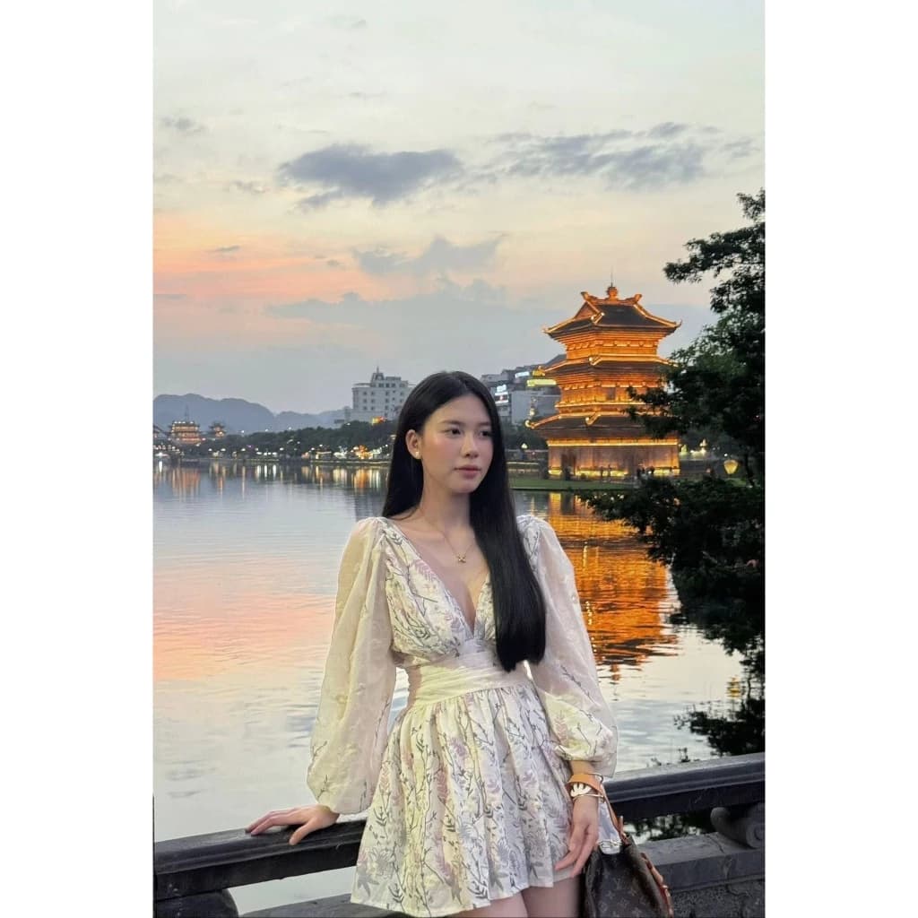 LYN- ĐẦM VÁY TRẮNG HỌA TIẾT CAO CẤP CỔ V DÀI TAY MIE