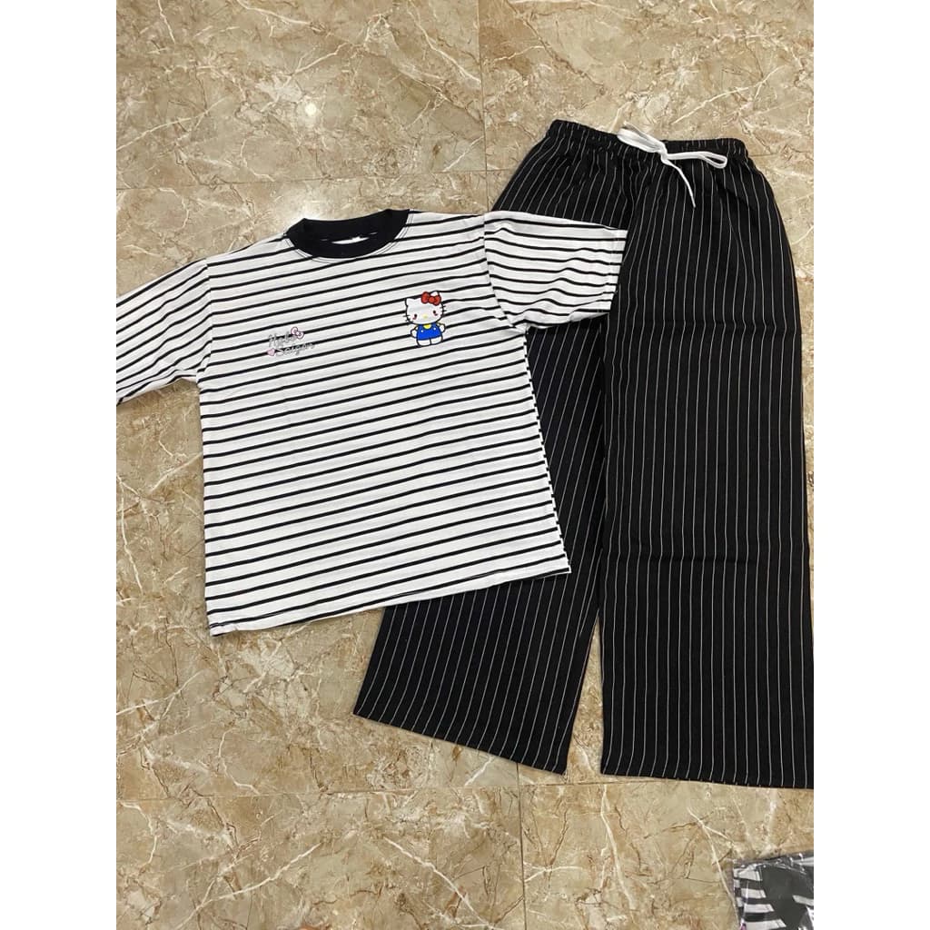 Sét bộ quần xuông kẻ chỉ mix áo kẻ in hình kitty from rộng