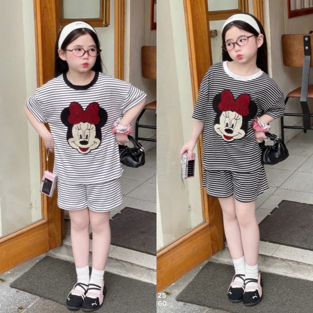Bộ Quần Áo Kẻ Ngang Hoạ Tiết Chuột Mickey IN 5D Đáng Yêu Dành Cho Bé Gái 9-42kg Chất Liệu Cotton Thoáng Mát Mềm Mịn