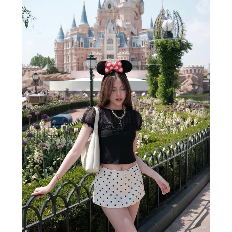 (Tách set) Áo ren lưới cộc tay Cúp ngực phối nơ Tiểu thư, Chân Váy chữ A chấm bi Dáng ngắn cao cấp - QuynhTrangBasic