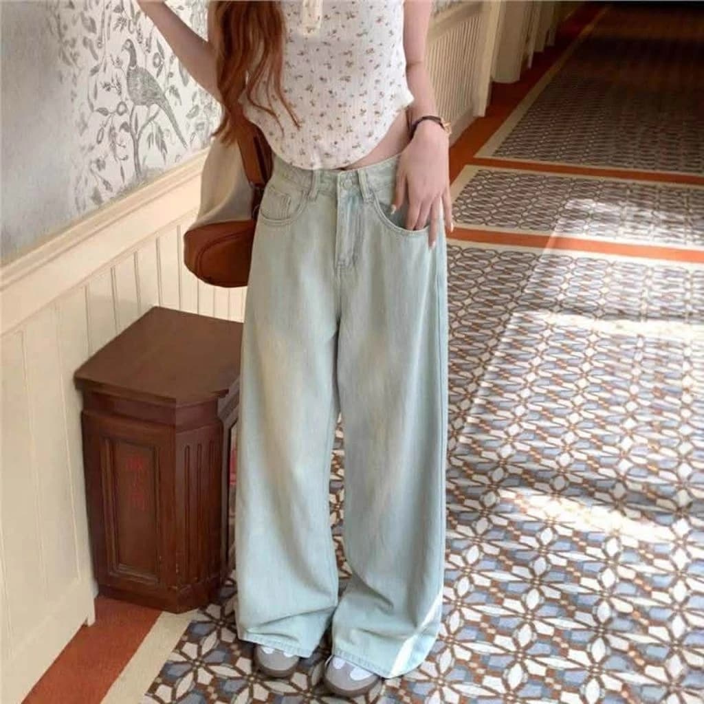 Quần bò suông xanh ánh bạc lưng cao thiết kế trẻ trung tôn dáng