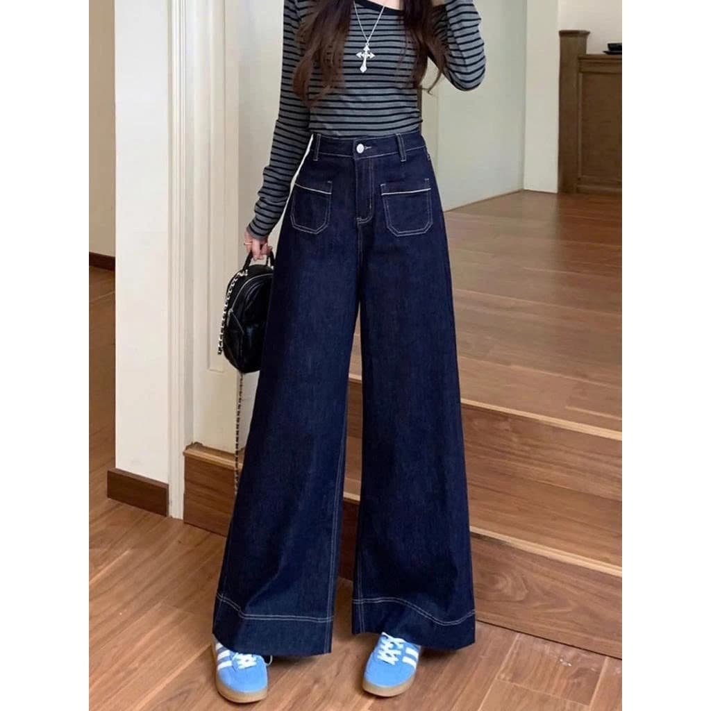 Quần Jean ống rộng cạp cao phối túi trước phong cách Hàn Quốc WJeans078