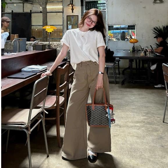 (ẢNH OLDSCHOOL) Quần jeans nữ ỐNG LOE DÁNG DÀI chùm gót tone nâu tây Q8494