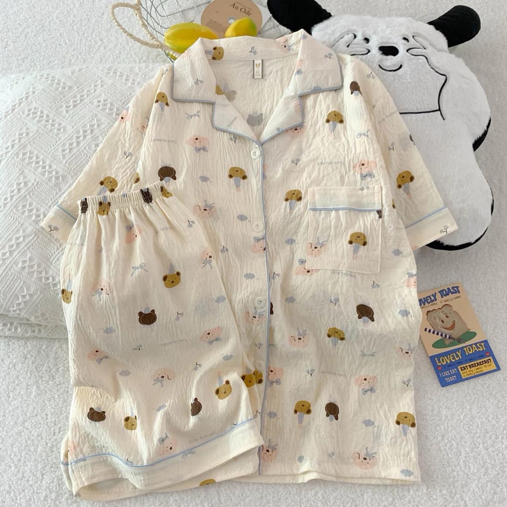 Bộ ngủ pyjama đũi cotton mềm mại họa tiết