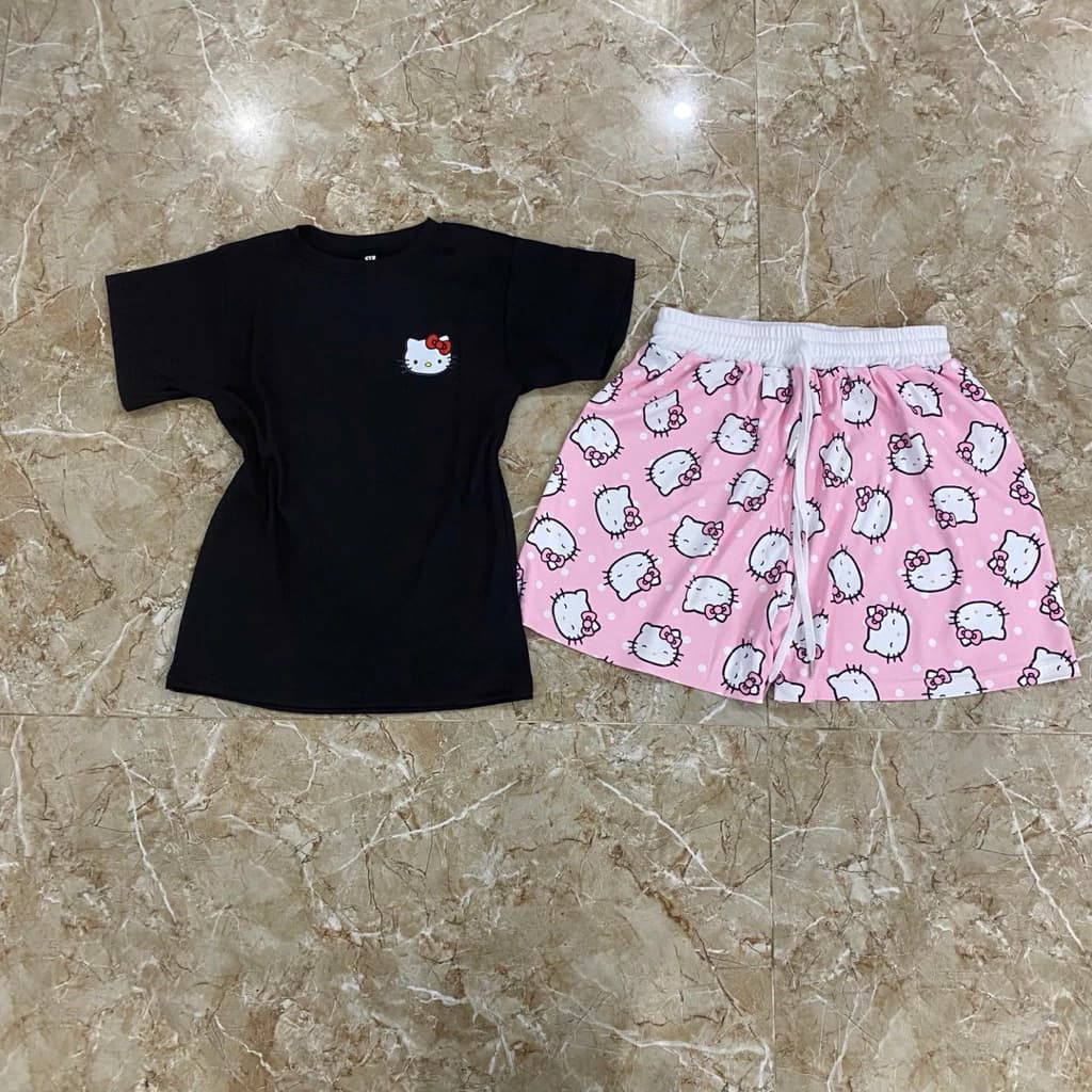 Sét bộ đùi áo tăm kitty mix quần đùi kitty Hồng