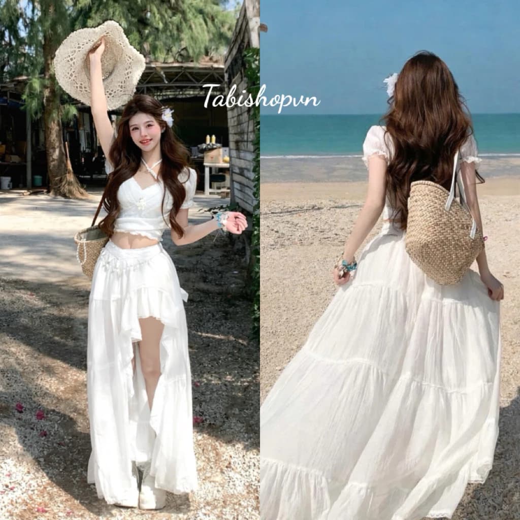 Set áo trễ vai cổ yếm phối chân váy đuôi cá cách điệu TABISHOP Set đồ đi biển cá tính mặc du lịch dễ thương(299)