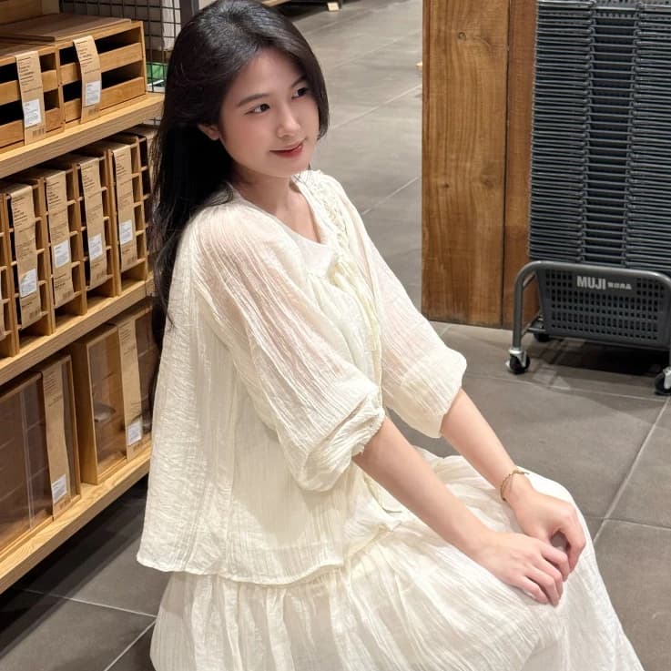 Set áo tơ nữ cổ nơ dài tay kèm chân váy phong cách tiểu thư 24FebStudio SET65