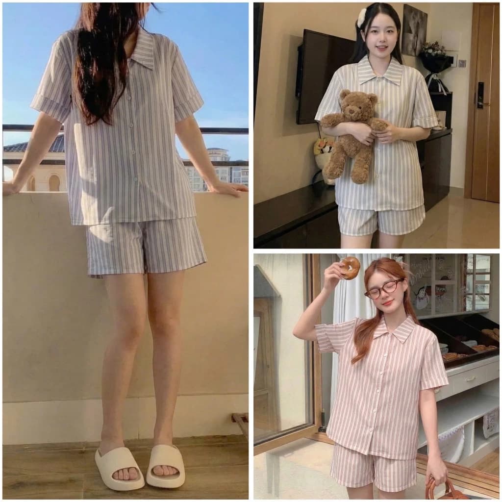 Bộ pijama cộc đùi kẻ sọc full viền nữ - Set đồ ngủ mặc nhà quần short kèm áo ngắn tay bánh bèo tiểu thư B157 KẺ
