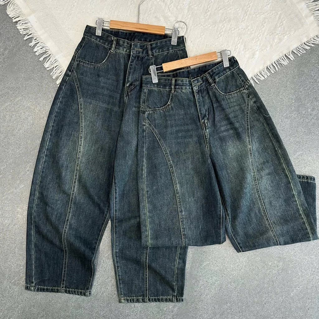 411 BIGSIZE Quần baggy jeans nữ cạp cao , quần baggy dáng thụng phối viền trơn basic