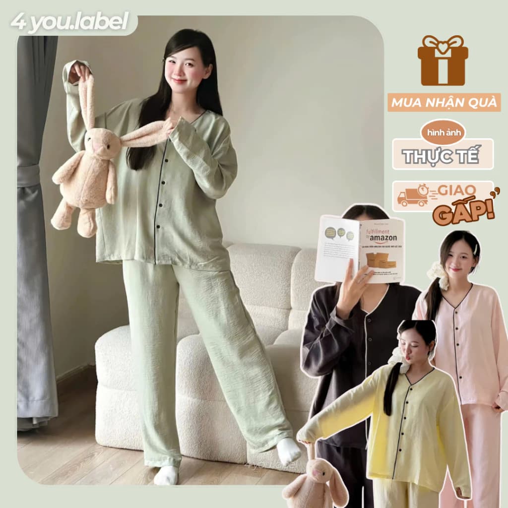 Bộ Đồ Ngủ Nữ Pijama Cổ V Dài Tay Trơn Basic Chất Đũi Mềm Thoáng Mát Form Rộng Phong Cách Đơn Giản BN03 | 4YOU.LABEL