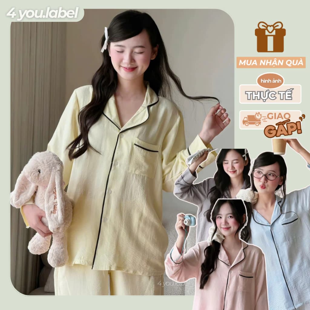 Bộ Đồ Ngủ Nữ Pijama Dài Tay Trơn Basic Chất Đũi Mềm Mịn Thoáng Mát Form Rộng Dễ Mặc Đơn Giản BN10 | 4YOU.LABEL