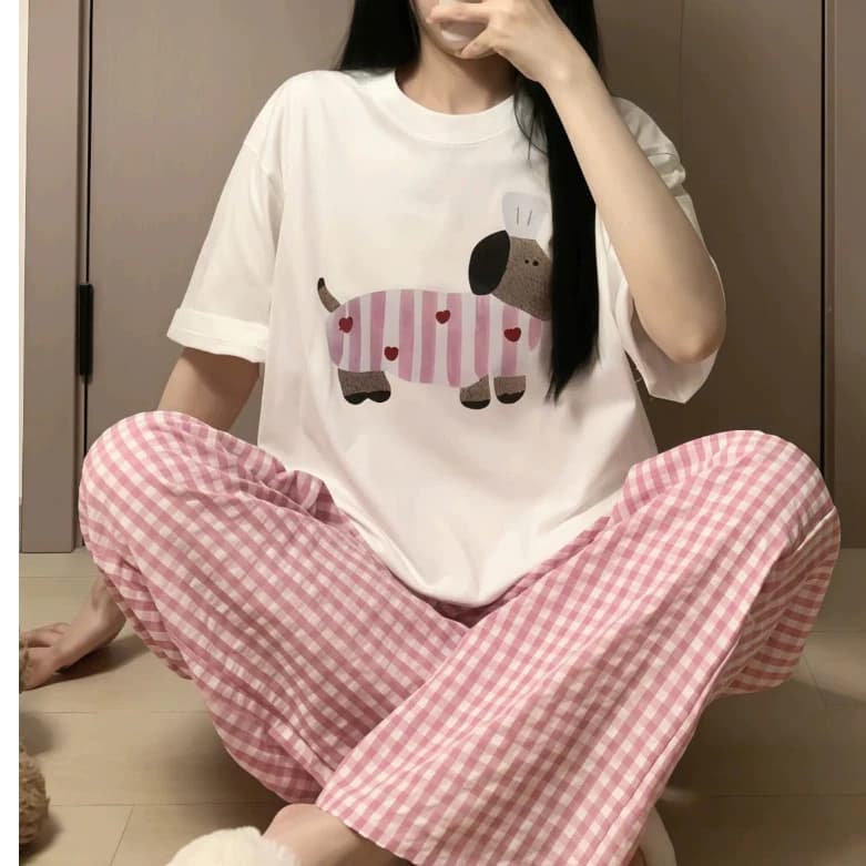 Set bộ mặc nhà quần dài dáng suông, Áo ngắn tay in hình, Đồ bộ mặt nhà đi chơi dạo phố dáng rộng thoải mái 124