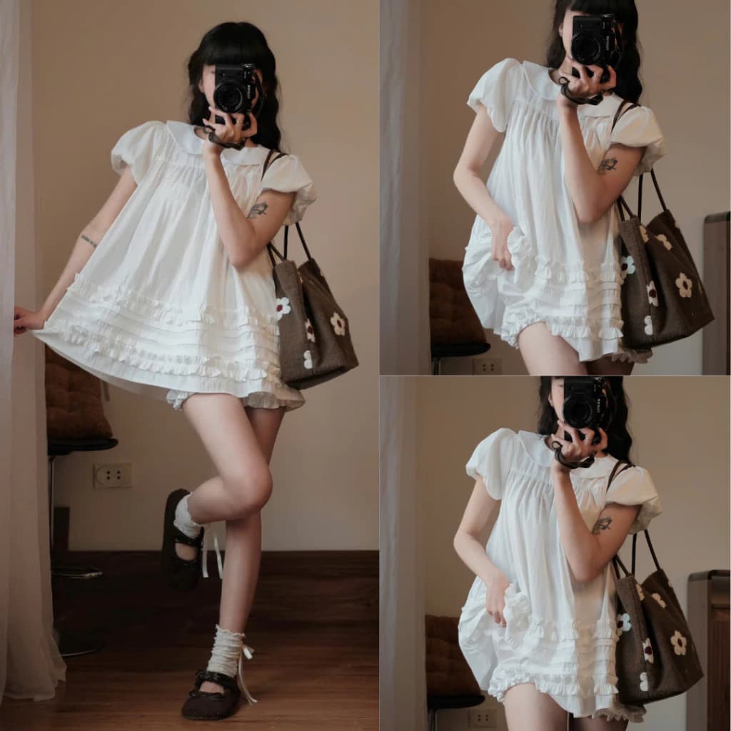 𝙃𝘼𝙉𝘼.𝘾𝙡𝙤𝙩𝙝// (Tặng quần bí) Áo Váy Babydoll Cổ Sen 2 Lớp Form Rộng Gấu Viền Bèo Kèm Quần Bí Phồng Bo Chun Setgio255