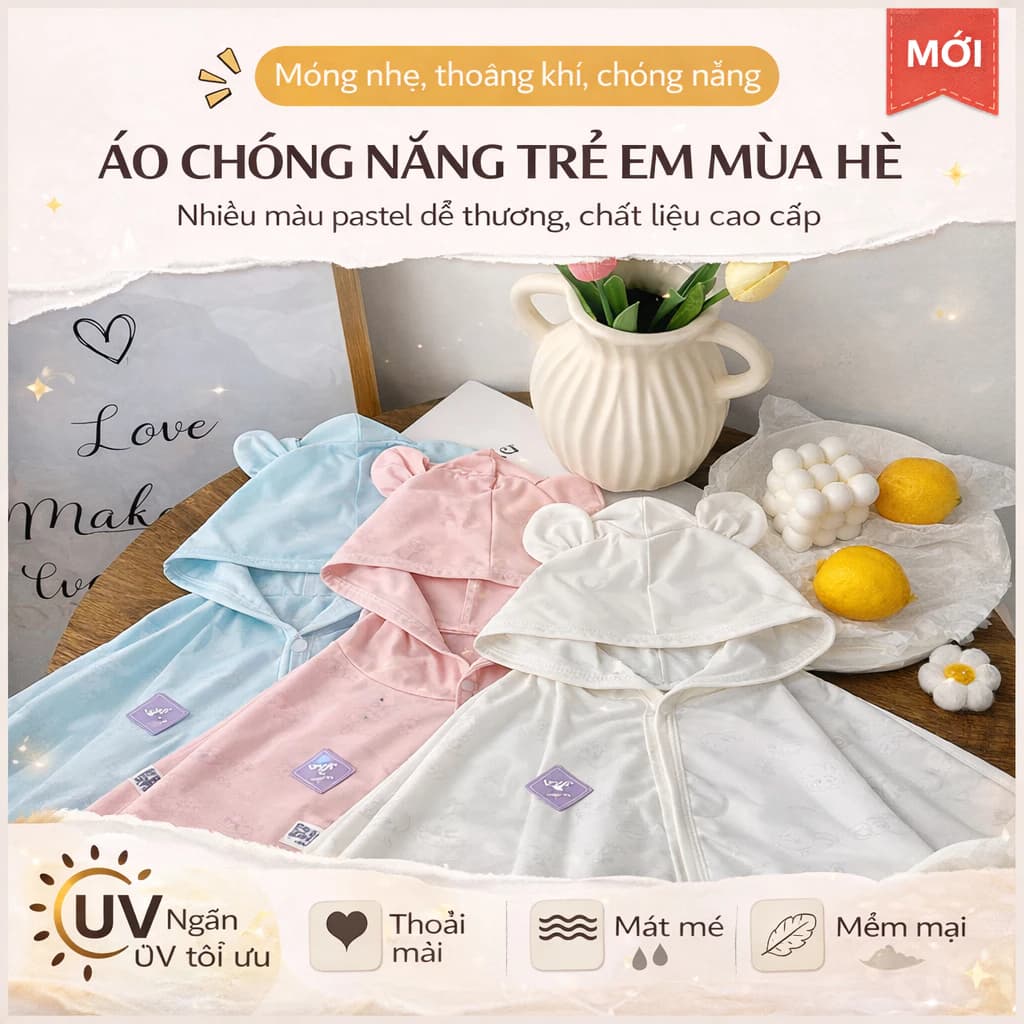 Áo chống nắng trẻ em mùa hè có mũ tai gấu, áo khoác chống tia UV cho bé chất liệu mỏng nhẹ thoáng khí mềm mát