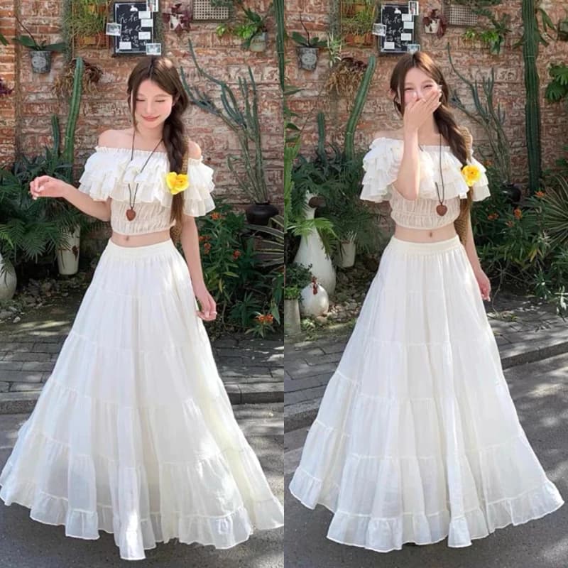 Set Áo Croptop Trễ Vai Bèo Phối Chân Váy Dài Xoè Bồng Mặc Đi Chơi Đi Biển Sang Chảnh MS137