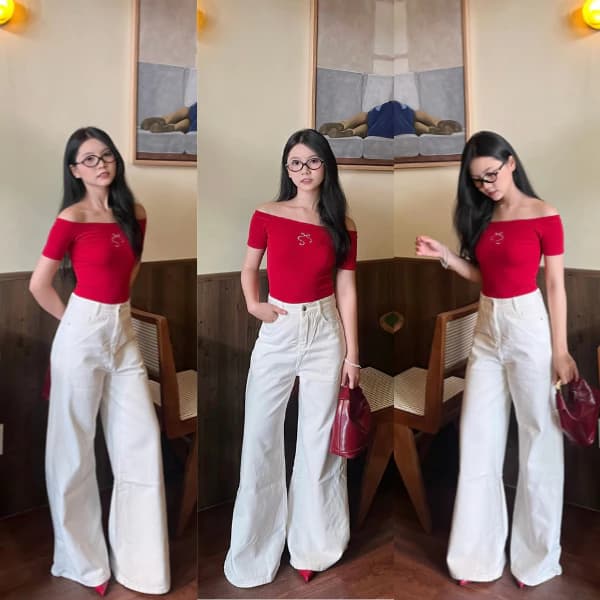 COKI - Quần Jean Nữ Ống Rộng Loe Màu Trắng 33CM - 34CM Lưng Cao Tôn Dáng