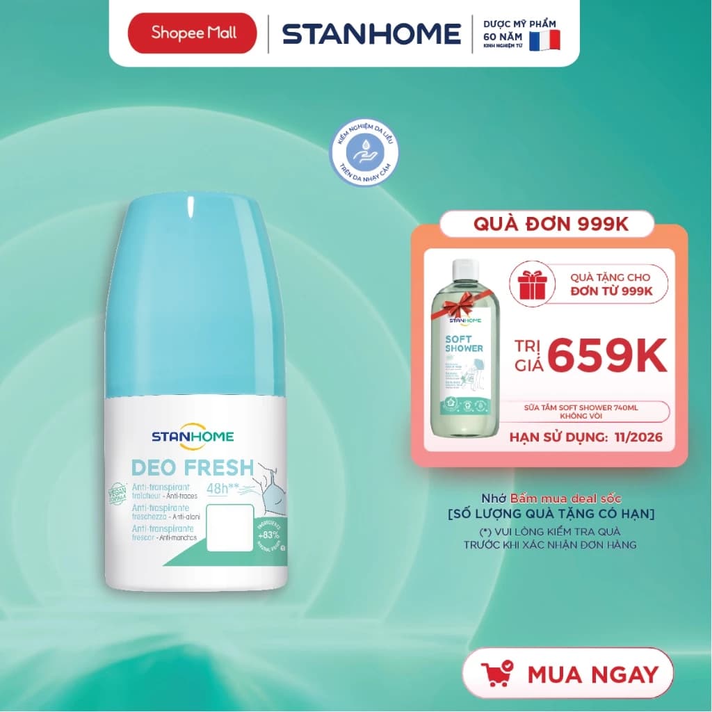 Lăn Khử Mùi ngăn tiết mồ hôi cho trẻ em và cho da nhạy cảm không cồn Deo Fresh/Deo Soft Stanhome 50ML