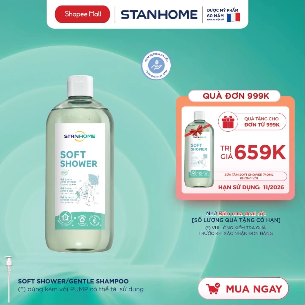 Sữa tắm, rửa mặt cấp ẩm cho viêm da cơ đia, chàm, vẩy nến, da mụn nước không xà phòng Stanhome Soft Shower 740ml