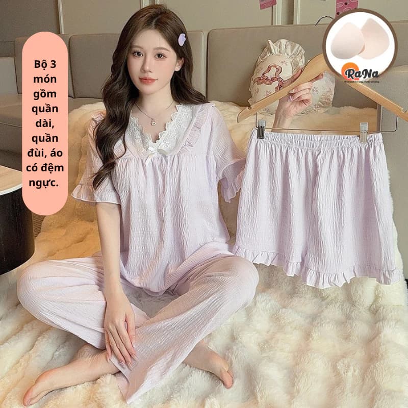 Bộ đồ măc nhà RaNa có sẵn mút ngực bên trong sét  3 món gồm áo tay lỡ quần dài quần đùi thuận tiện mặc đi chơi mặc nhà