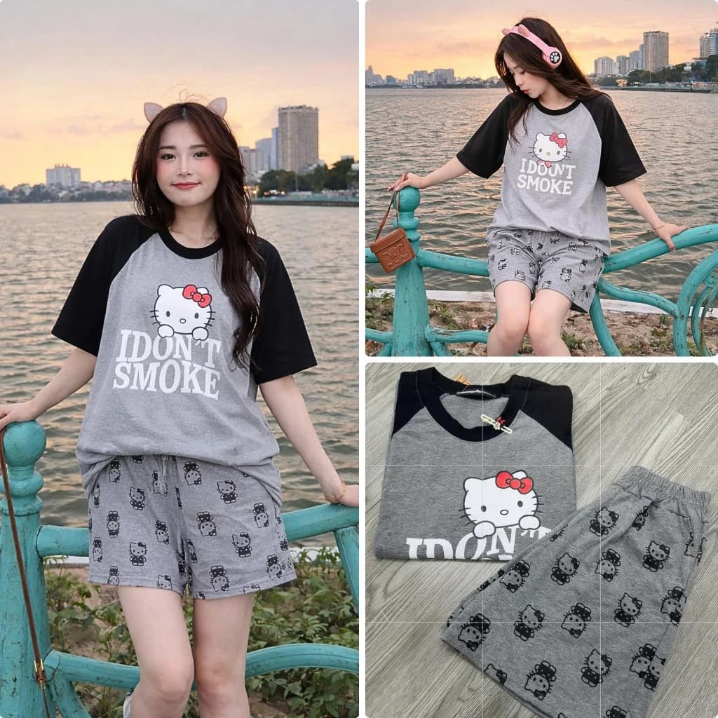 Set bộ đồ ngủ Hello Kitty in chữ I Don't Smoke, áo phông Raglan Tino phối màu kèm quần short đùi nữ chất liệu cotton