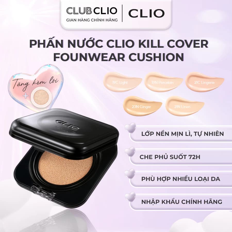 [TẶNG KÈM LÕI]Phấn Nước Cushion CLIO Kill Cover The New Founwear 15g Che Khuyết Điểm Hoàn Hảo Hàng Chính Hãng