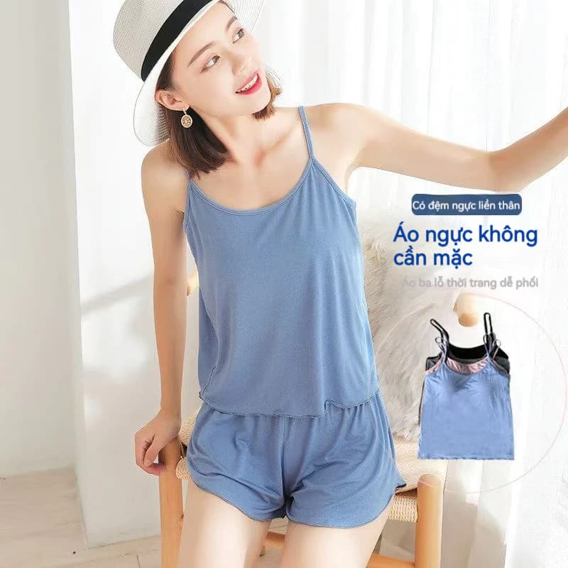 Bộ Đồ Ngủ 2 Mảnh Dây Rút & Quần - Thiết Kế Váy Giả Hàn Quốc, Mặc Nhà Thoải Mái Mùa Hè