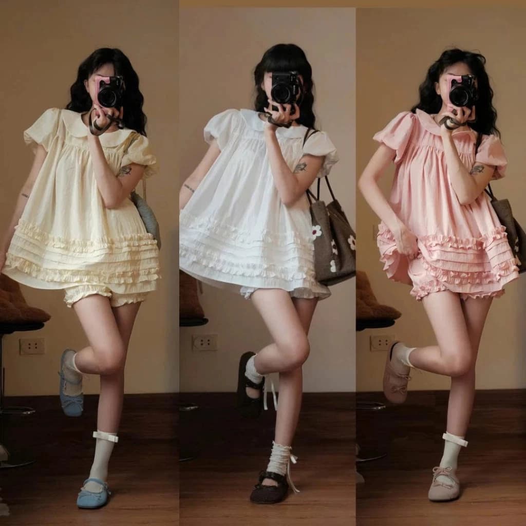 (Sẵn, Hàng L1) Sét Áo Váy Babydoll Cổ Sen 2 Lớp Form Rộng Gấu Viền Bèo Kèm Quần Bí Phồng Bo Chun Bun222