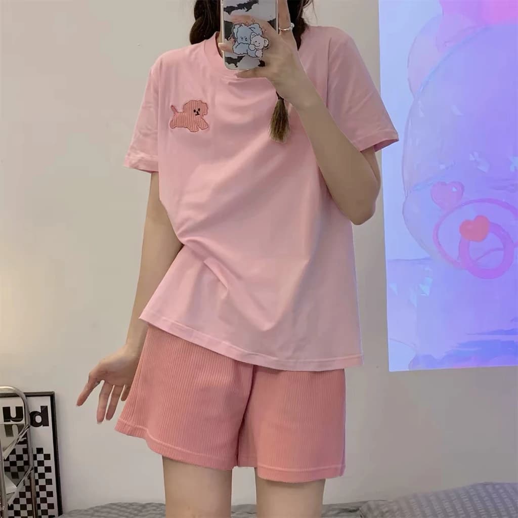 Set Bộ Nữ Mặc Nhà Form Rộng Thêu Hình Cún Cute, Bộ Đồ Ngủ Quần Đùi Áo Phông Chất Thun Tici 4 Chiều Siêu Mát
