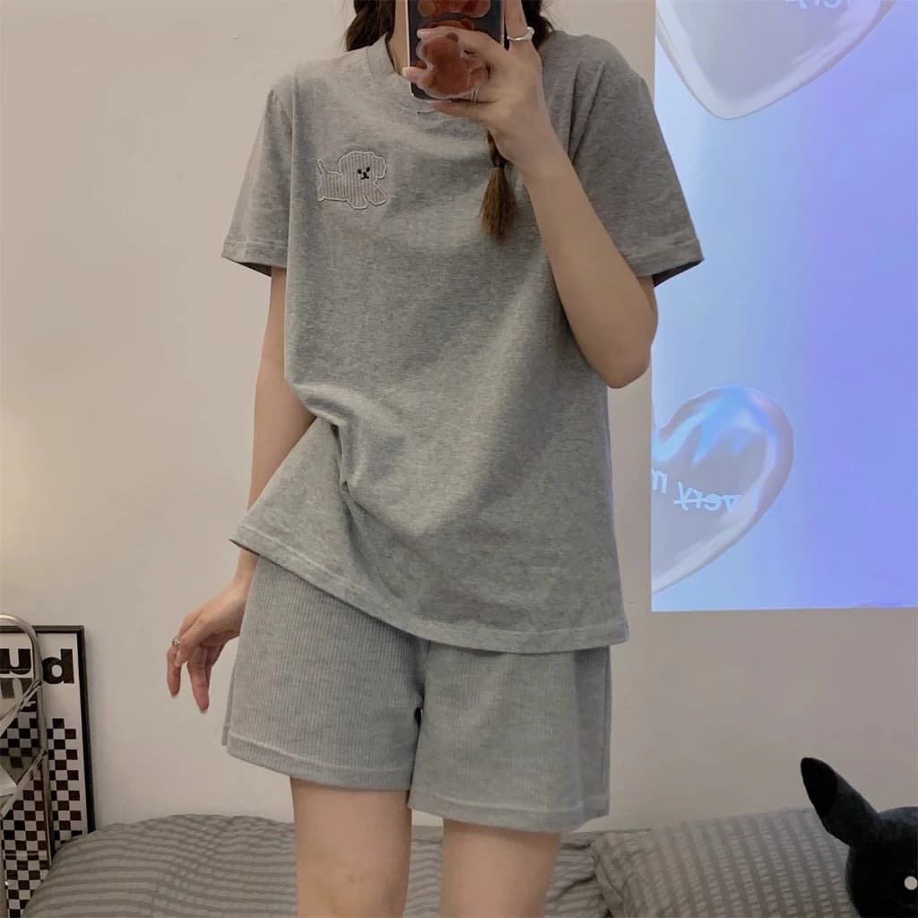 Set Bộ Nữ Mặc Nhà FKZ Form Rộng Thêu Hình Cún Cute, Bộ Đồ Ngủ Quần Đùi Áo Phông Chất Thun Tici 4 Chiều Siêu Mát