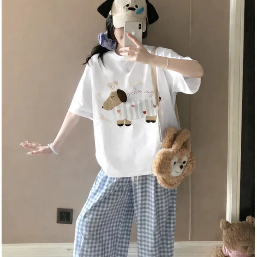 Set bộ nữ quần dài caro, Áo ngắn tay in hình , đồ bộ nữ mặc nhà,đi chơi dạo chất thun cotton, quần caro dài mềm mát 126