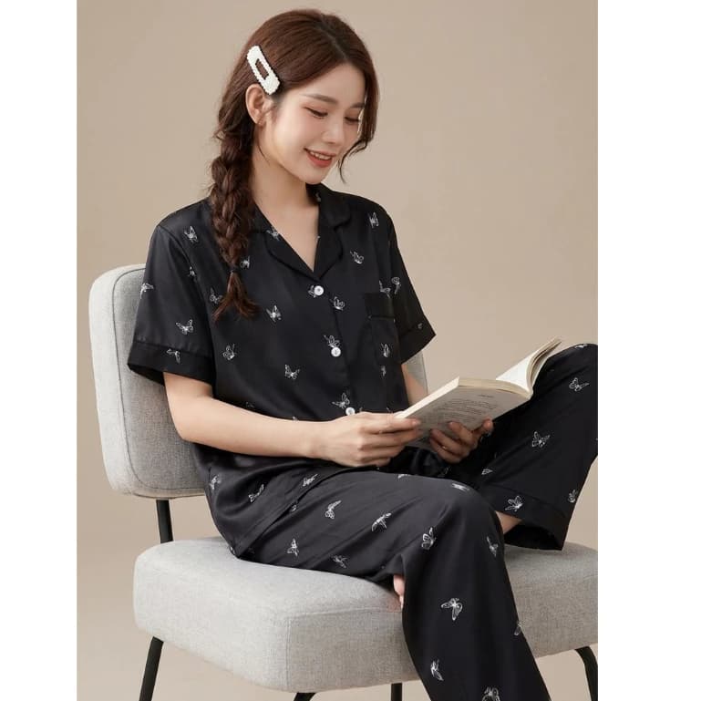 Bộ đồ ngủ nữ lụa xước cao cấp, bộ pyjama cộc tay quần dài họa tiết dễ thương hàng Quảng Châu