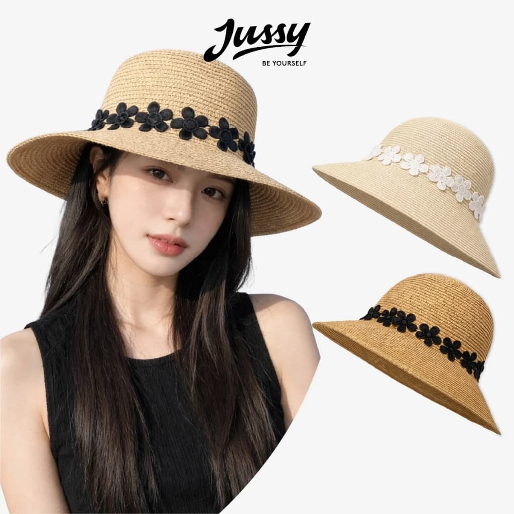 Mũ Cói Rộng Vành Nơ Hoa 5 Cánh JCB20 Jussy Official Mũ Che Nắng Nữ Đi Biển Du Lịch Style Hàn Quốc Nhẹ Thoáng