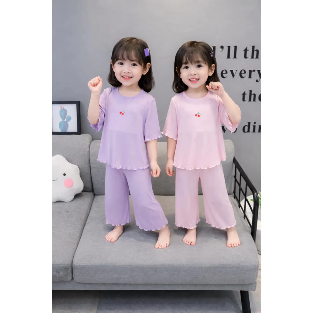 bộ quần áo trẻ em in hình cherry quần dài,áo tay lỡ chất tăm hàn mềm mịn co giãn tốt thấm hút mồ hôi cho bé gái 8-27kg